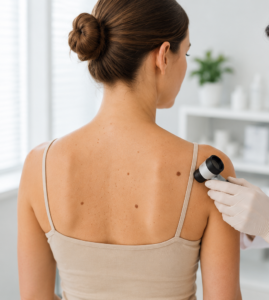 Dermatologist performing a skin examination for suspicious moles and skin changes